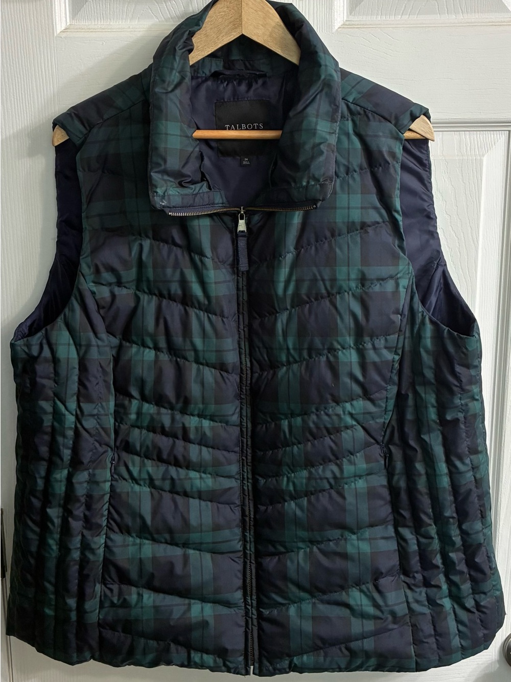 Talbots 2X Tartan Green Blue Plaid 80% Duck Down Filled Puffer Vest - Picture 2 of 8